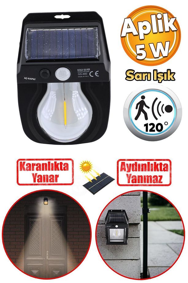 Sensörlü Bahçe Duvar Dış Mekan Apliği Aplik Güneş Enerjili 3 Modlu Sarı Işıklı 5 W Fener Lamba - 1