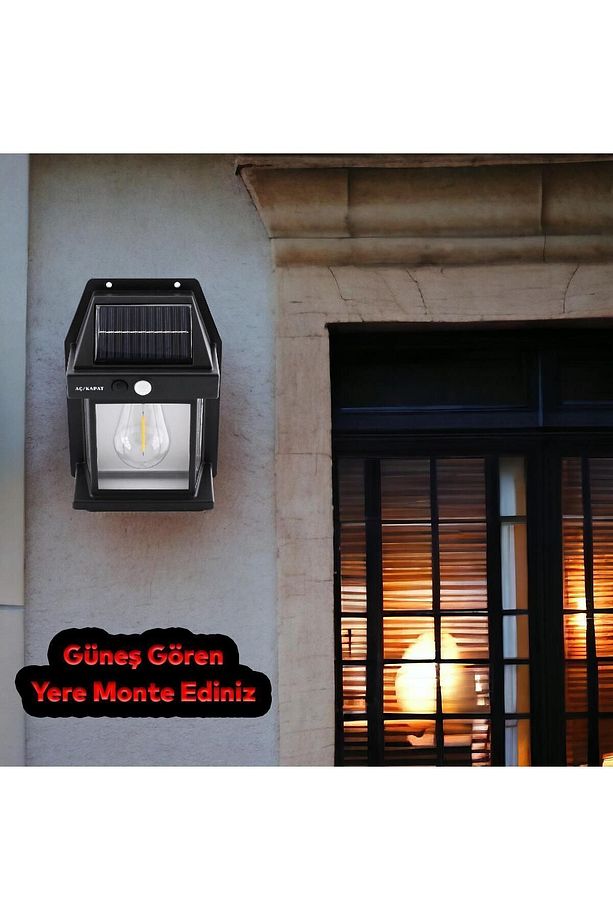 Sensörlü Bahçe Duvar Dış Mekan Aydınlatma Apliği Aplik Güneş Enerjili 2 Modlu Sarı Işıklı 5 W Fener - 6