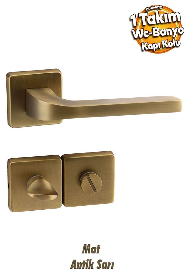 Tog Antik Sarı Wc Banyo Uyumlu Kapı Kolu Kare Rozetli Kapı Kulpu Sağa Sola Uygun Kapı Kolları - 1