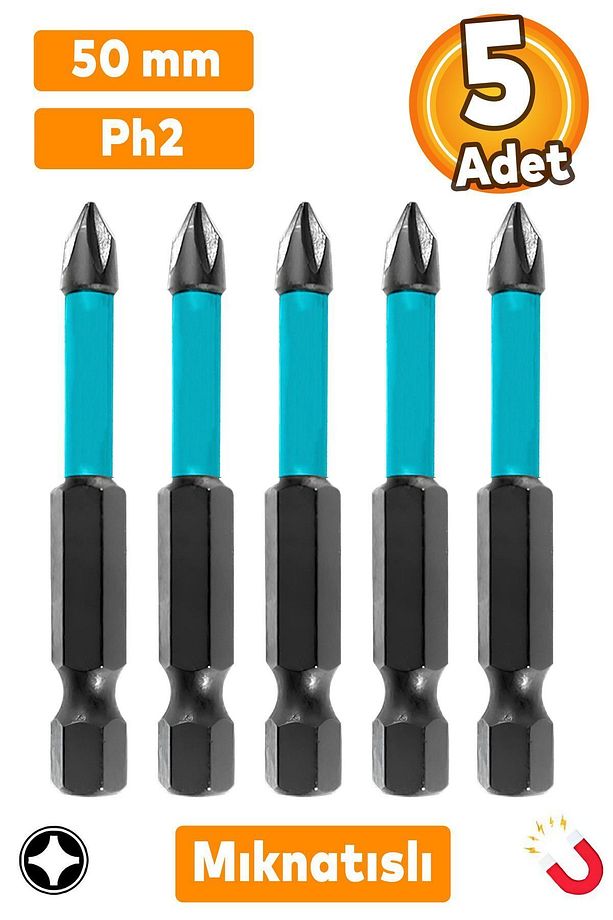 5 Adet Mıknatıslı Bits Uç Ph2 50 mm Vida Sökme 5 Cm Yıldız Matkap Vidalama Ucu S2 Çeliği - 1