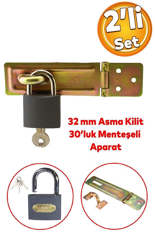 Sandık Kutu Askısı 30 Luk Menteşeli Kilit Aparatı Tosba Kilit 32 mm Asma Kilit 2'li Set - 1