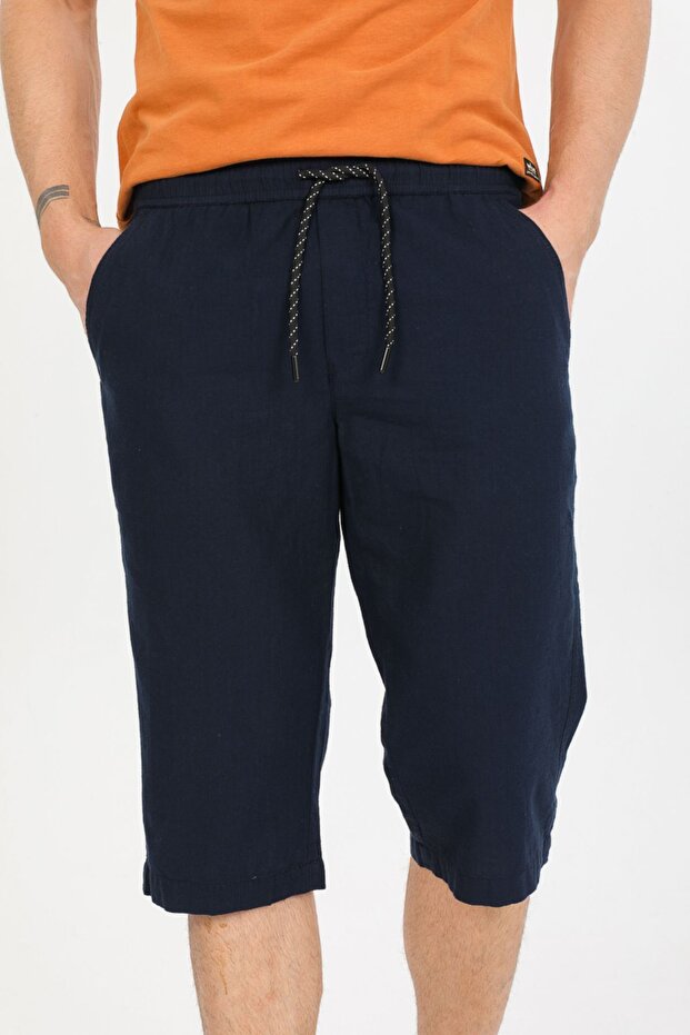 Men's Cotton Linen Bermuda Capri Long Shorts with Elastic Waist Below the Knee