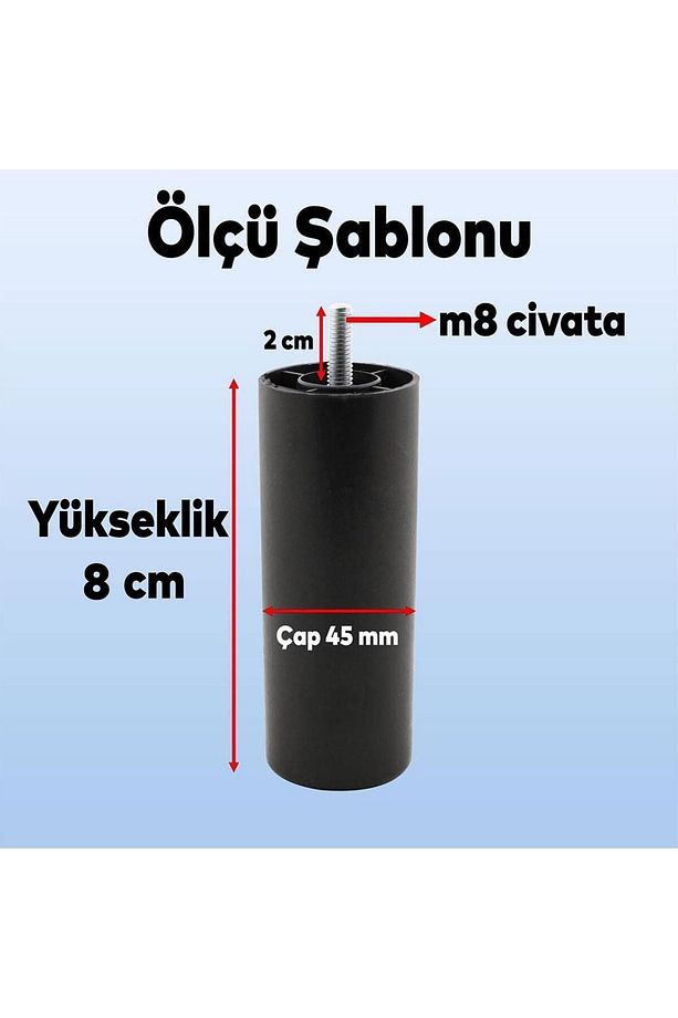 Mobilya Kanepe Koltuk Baza Yükseltici Yükseltme M8 Civatalı Vidalı Orta Destek Ayağı Ayak Siyah 8cm - 2