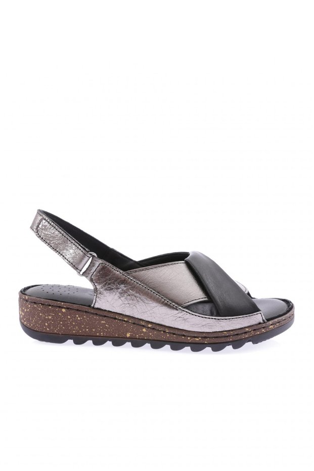 Women's Cross Thick Banded Velcro Sandals Black Steel Genuine Leather 1293243