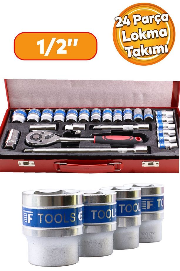 Lokma Takımı 24 Parça Uzatma T Kolu Buji Lokma Araç Tamir Cırcırlı Yüksek Kalite 1/2 Dr Socket Set - 1