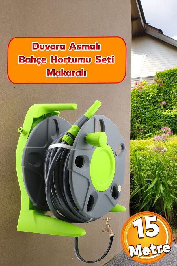 Makaralı Hortum Seti Duvar Monteli Bahçe Çeşme Su Hortumu 1/2 Sulama Araç Yıkama 15 Metre Tambur - 1