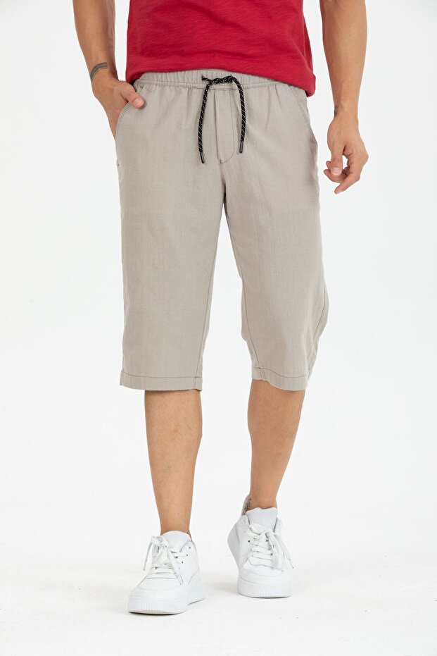 Men's Cotton Linen Bermuda Capri Long Shorts with Elastic Waist Below the Knee