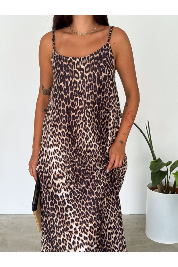 فستان من قماش البوبلين القطني بنقشة الفهد - حزام قابل للتعديل - 1