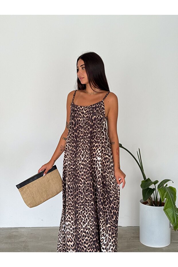 فستان من قماش البوبلين القطني بنقشة الفهد - حزام قابل للتعديل - 5