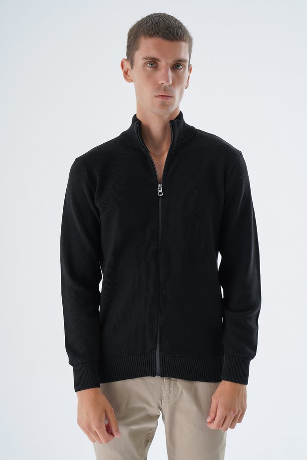 Black Men's 100% Cotton Zippered Stand Collar Knitwear Cardigan Trist-1190