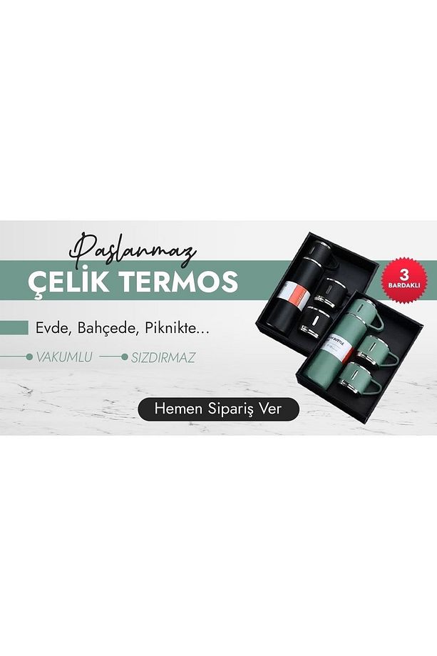 Paslanmaz Çelik Termos 3 Bardaklı Set Vakumlu Termos Çanta Hediyeli ( 2 Li Set ) - 2