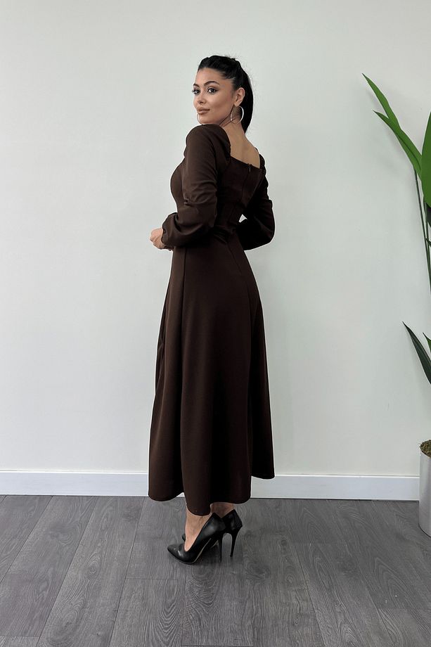 Krep Kumaş Kalp Yaka Midi Elbise - KAHVERENGİ - 6