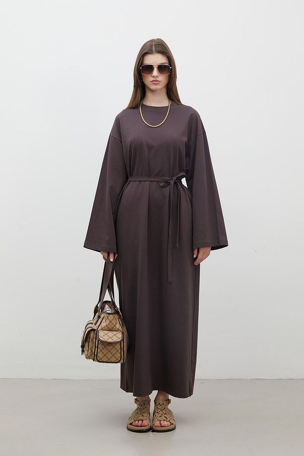 OVERSIZE PAMUKLU ELBİSE ACI KAHVE - 2