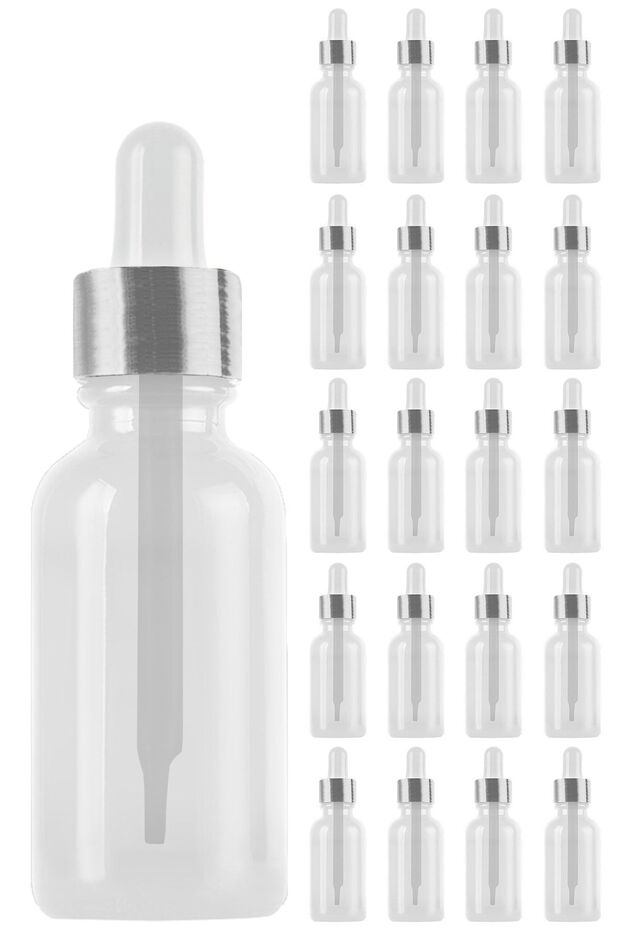 20 Pieces 100 ml Transparent Serum Bottle - Dropper Glass with Silver Metal Cap