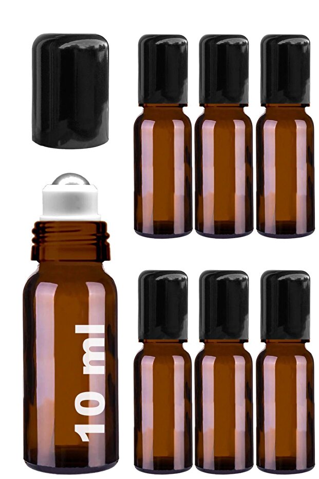 10 ml Amber Stainless Steel Roll-On Bottle, 10 cc Leakproof Brown Glass Bottle with Black Cap, 6 Pieces