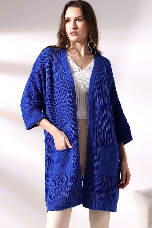Kadın Mavi Oversize Model Uzun Cepli Triko Hırka - 1