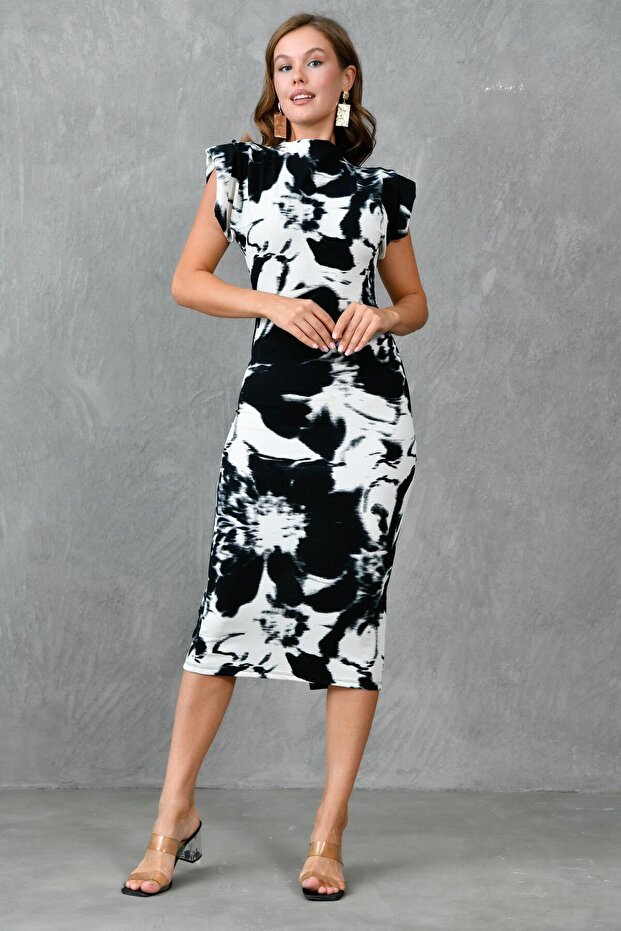 Digital Printed Sandy Fabric Stand Collar Slit Detail Padded Sleeveless Midi Evening Dress 12271