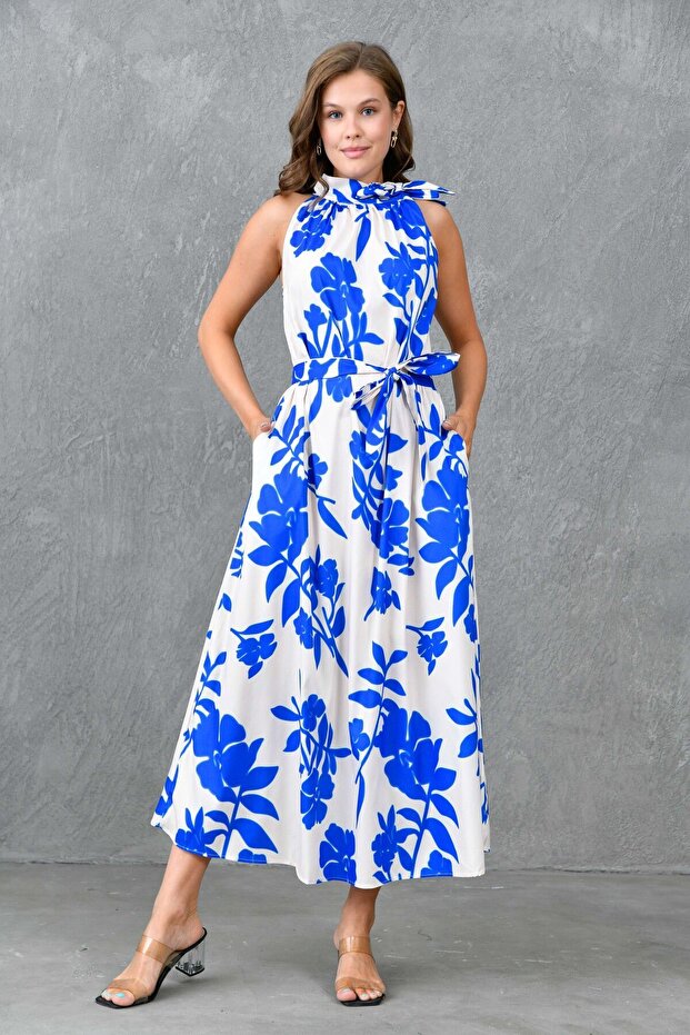 Floral Patterned Belted Flared Cut Midi Length Floral Dress with Tie Collar Detail 3690