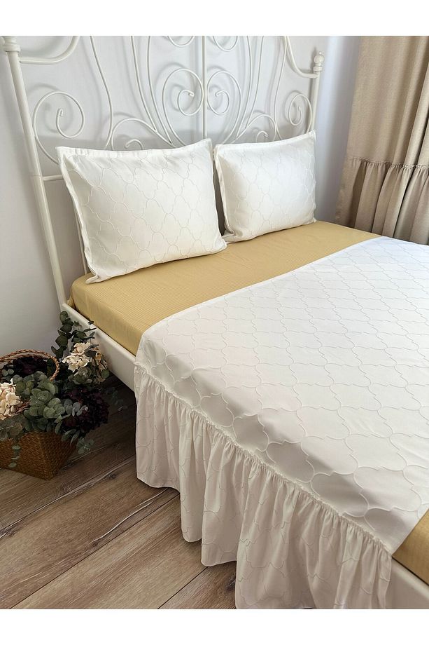 3 Parça Yatak Runner Set Ekru Saten Yatak Örtüsü Çift Kişilik - 1