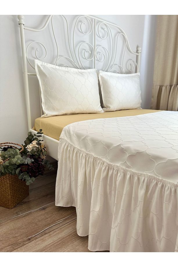 3 Parça Yatak Runner Set Ekru Saten Yatak Örtüsü Çift Kişilik - 5