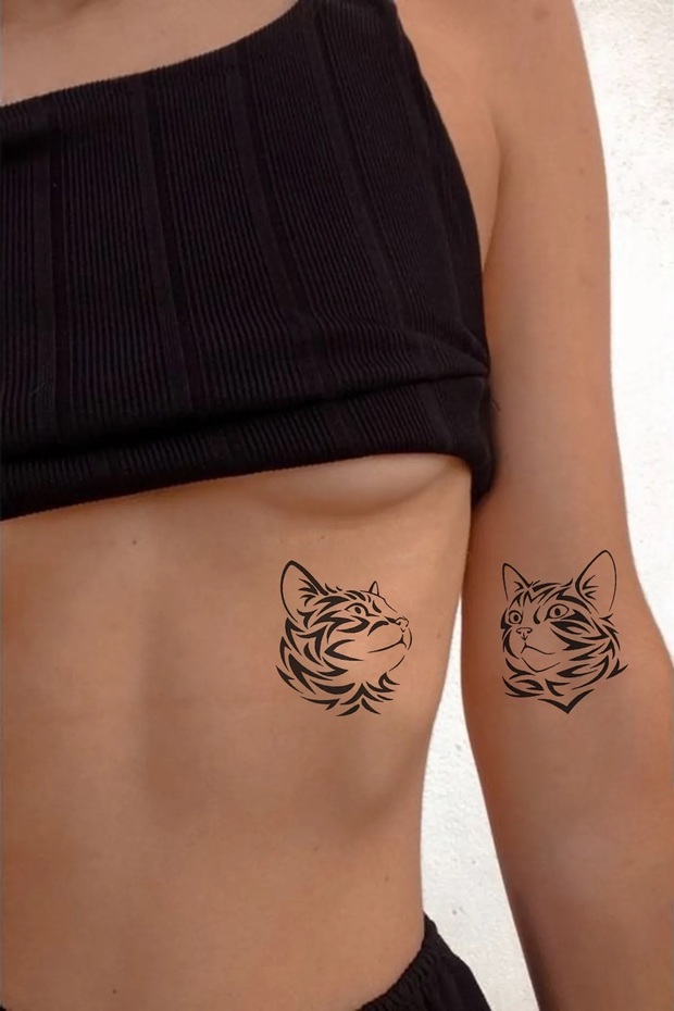 2 Adet Kedi Cat Desenli Minimal Geçici Dövme Tatoo - 1