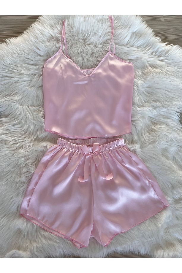 Toz Pembe Saten İp Askılı Dokuma Şortlu Pijama Takımı - 1