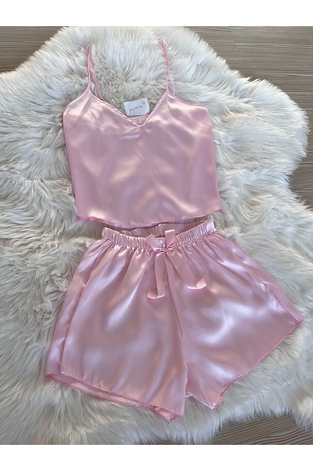 Toz Pembe Saten İp Askılı Dokuma Şortlu Pijama Takımı - 6