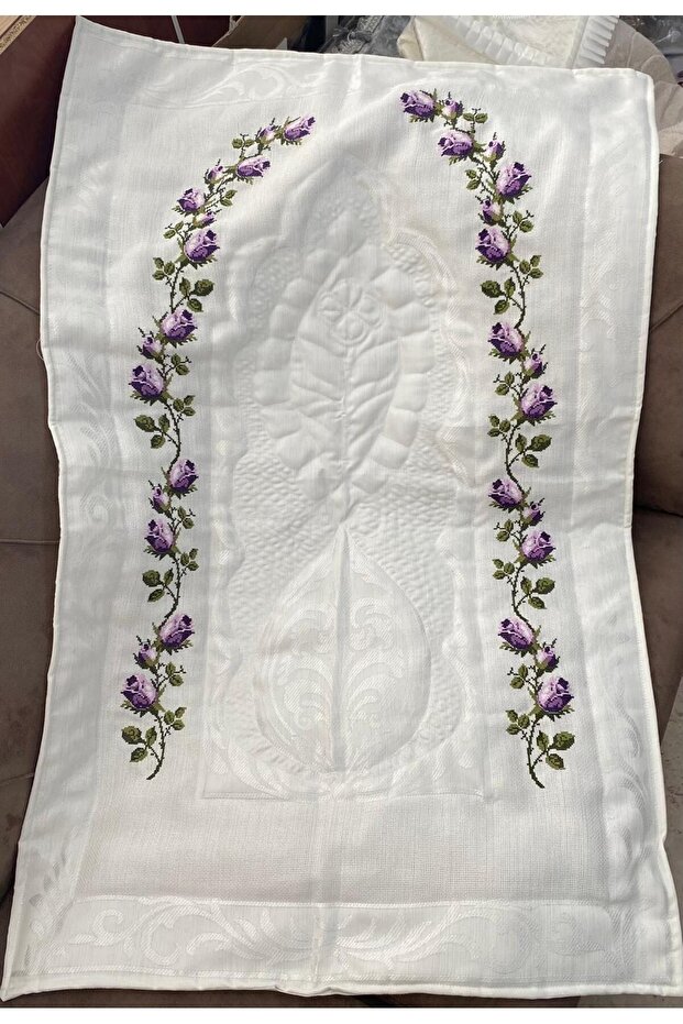 Dowry 6 Piece Purple Tulip Embroidered Machine Etamine Processing Prayer Rug Bundle Set