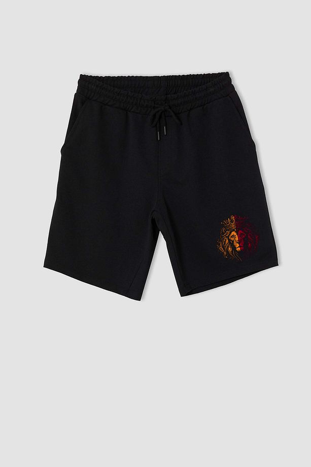 Unisex Sarı Kırmızı Aslan Baskılı Regular Fit Penye Şort Kadın Erkek Penye Şort Siyah Kısa Şort - 1