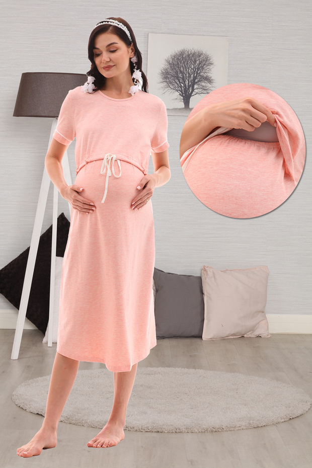Pink Melange Maternity Dress with Breastfeeding Feature