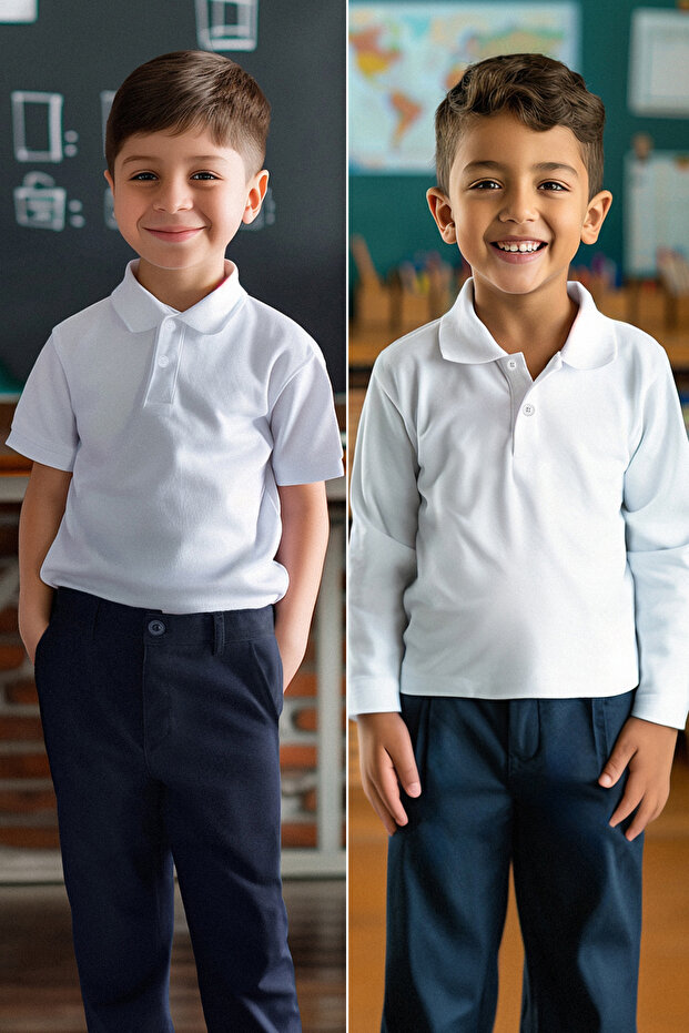 Beyaz 2'li Pamuklu Polo Yaka Set Unisex Çocuk Okul T-Shirt TKDSS24TS00025 - 10