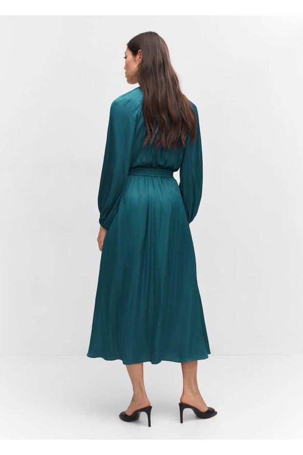 Balon kollu saten elbise - 4