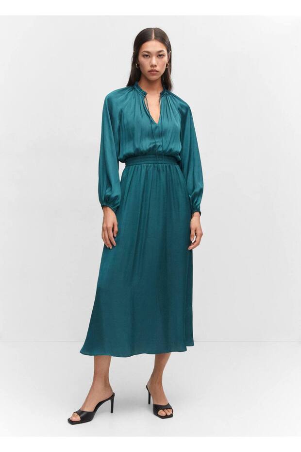 Balon kollu saten elbise - 2