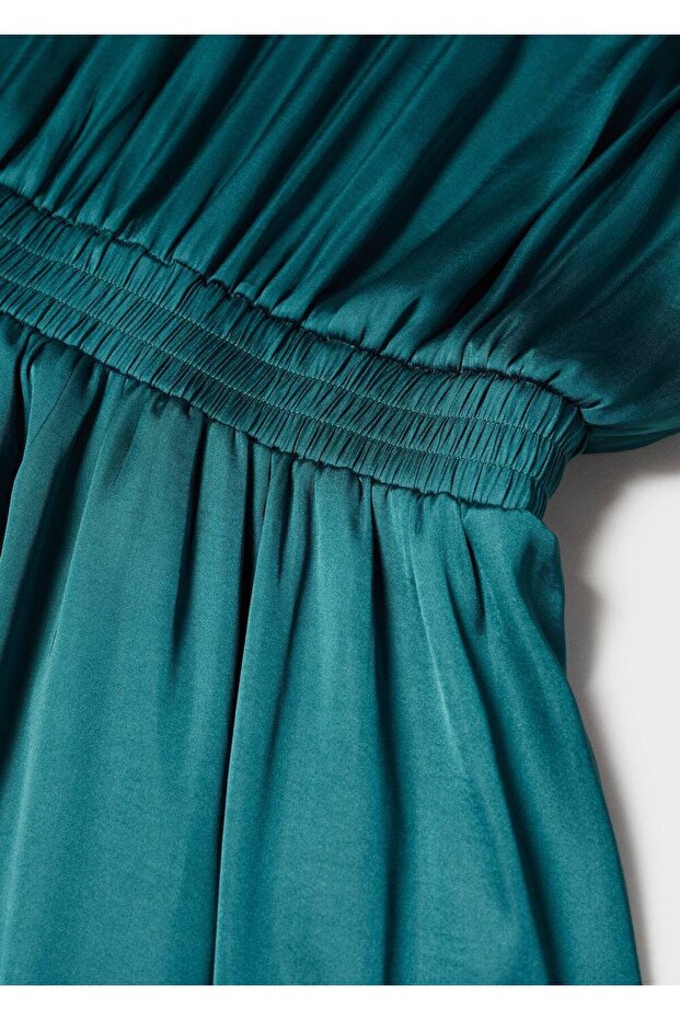 Balon kollu saten elbise - 5