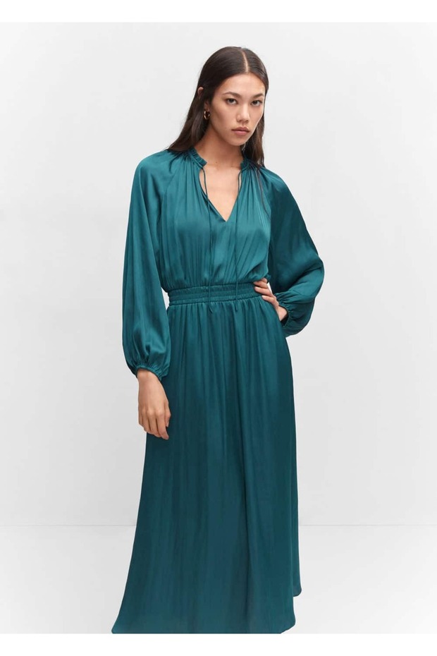 Balon kollu saten elbise - 1