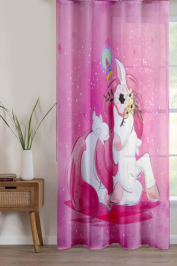Pembe Unicorn Atlı Desenli Dekoratif Çocuk Bebek Odası Tek Kanat Tül Perde - 2