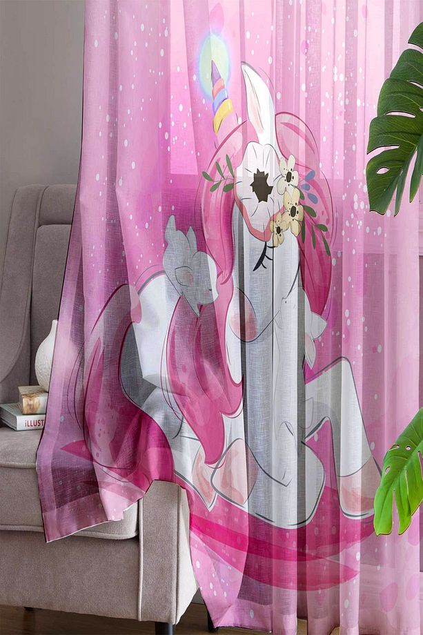 Pembe Unicorn Atlı Desenli Dekoratif Çocuk Bebek Odası Tek Kanat Tül Perde - 3