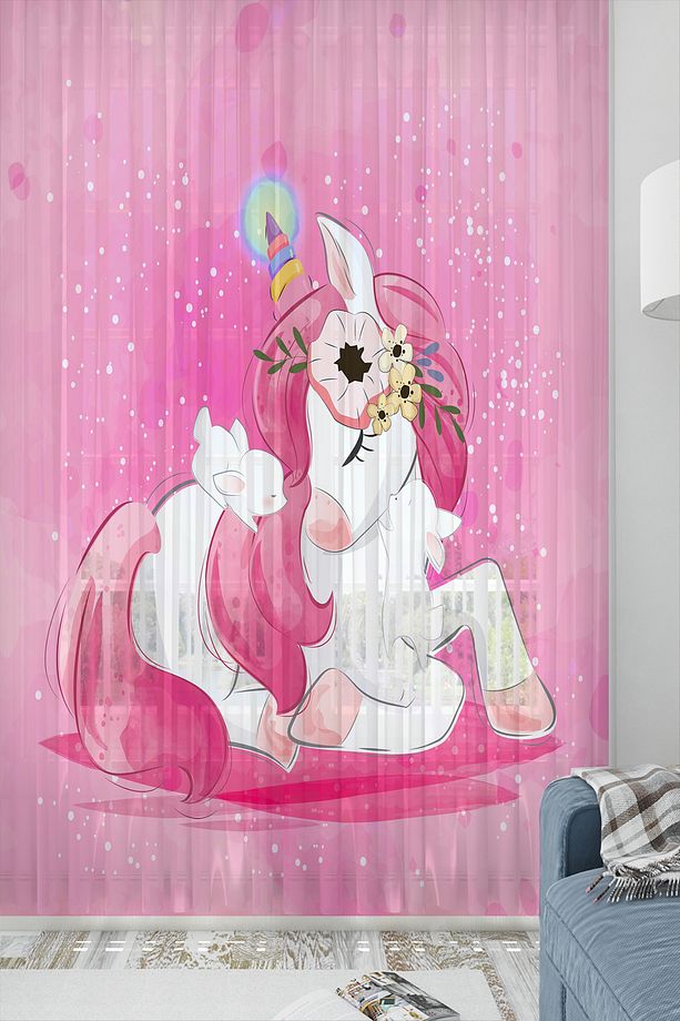 Pembe Unicorn Atlı Desenli Dekoratif Çocuk Bebek Odası Tek Kanat Tül Perde - 1
