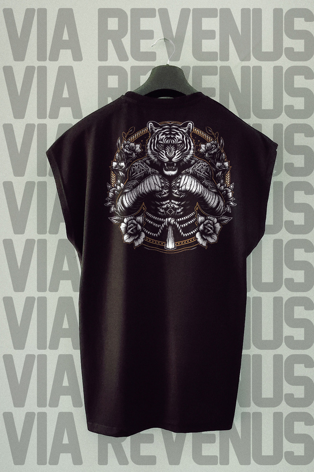 Tiger Muay Thai Back Printed Sleeveless Black Sports T-Shirt