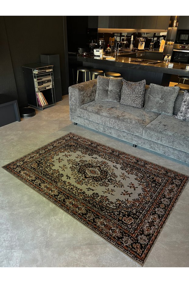 Beige Themed Traditional Motif Bohemian Patterned Vintage Decorative Carpet 5319
