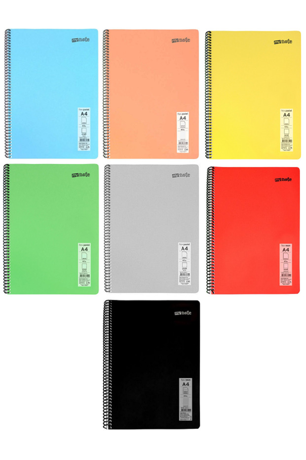 Defter Okul Defteri Spiralli Telli Pp Kapak A4 - 7 Adet Farklı Renklerde - 120 Sayfa Kareli (7 ADET) - 1