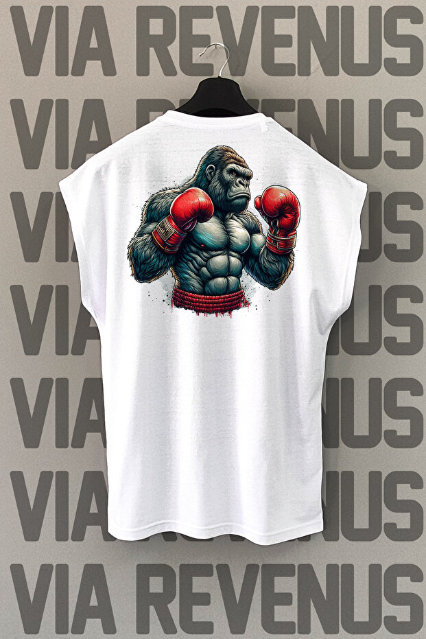 Goril Boxing Back Printed Zero Sleeve White Sports T-Shirt