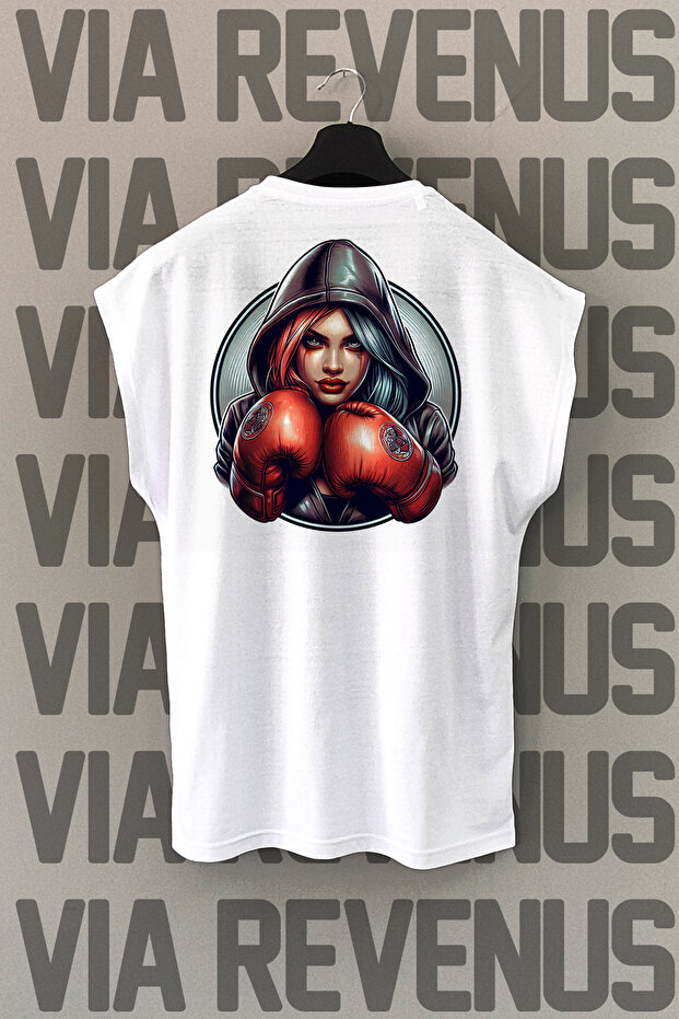 Boxing Back Printed Zero Sleeve White Sports T-Shirt