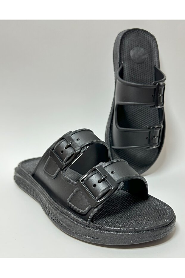 Unisex Black Non-Slip Soft Plastic Buckle Look Wet Floor Slippers
