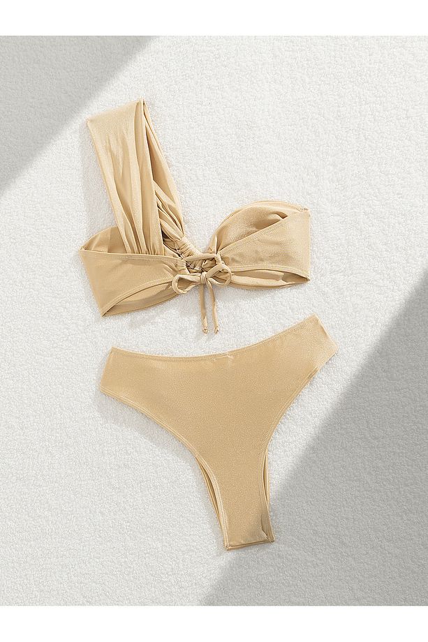 Lumière Parlak Görünümlü Tek Omuz Bikini Takımı Ekru - 4