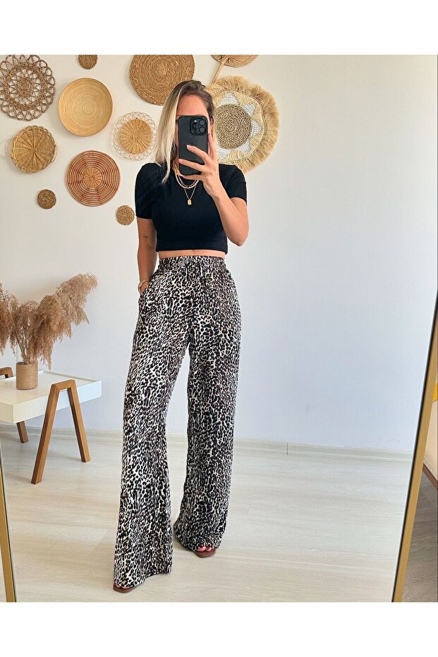 Viskon Kumaş Leopar Pantolon - 1