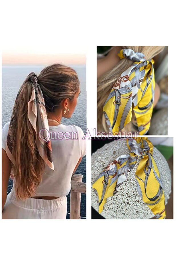 Trend Fashion Elastic Chain Belt Motif Patterned Foulard Shawl Scarf Pendant Buckle Yellow Satin