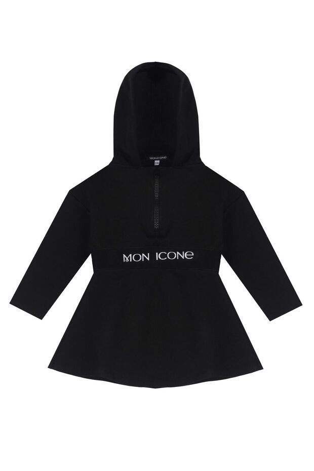 Girl's Cotton Single Jersey Black Standard Fit Hooded Zipper Collar Dress