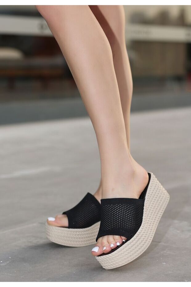 Pabucmarketi Women's Black Knit Wedge Heel Slippers