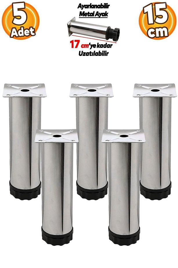 Ayarlanabilir Mobilya Kanepe Baza Koltuk Metal Destek Yükseltici Ayağı 15 Cm Krom Ayakları (5 ADET) - 1